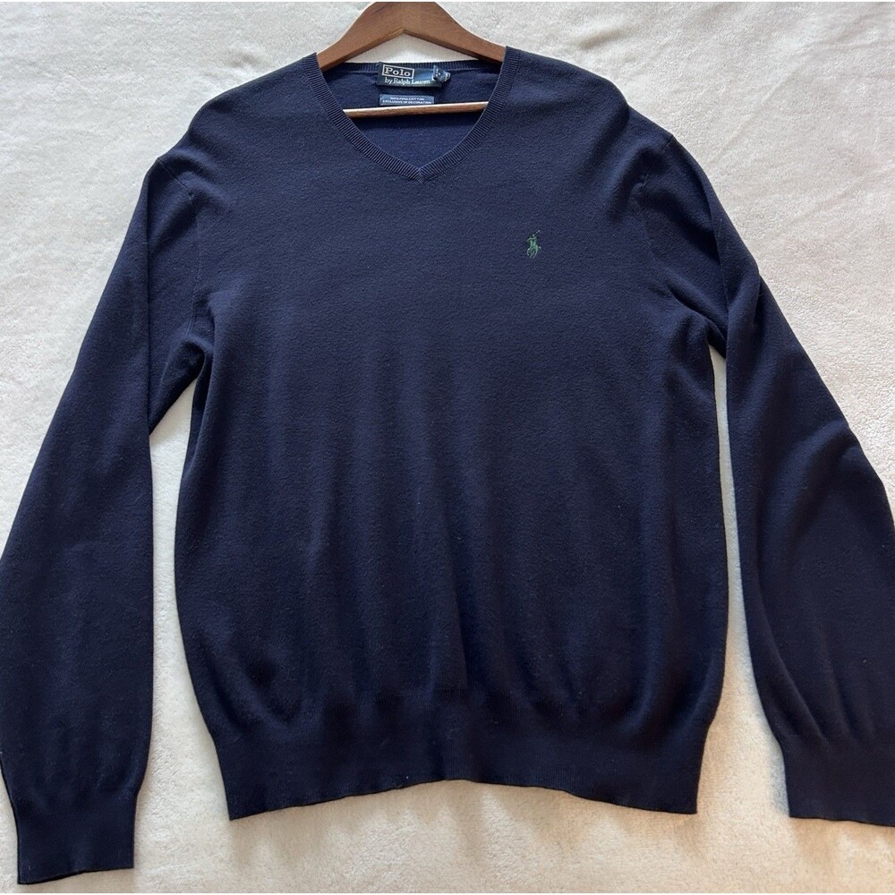 Vintage 1990s Polo Ralph Lauren Navy Blue Pima Cotton Knit Sweater Men's Size L